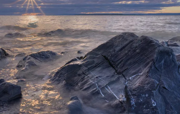 Picture sea, clouds, rays, stones, Canada, Orleans