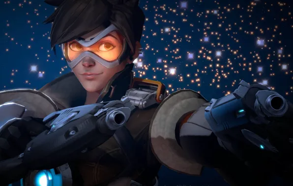 Picture girl, gun, pistol, game, weapon, Overwatch, Tracer, by lemon100