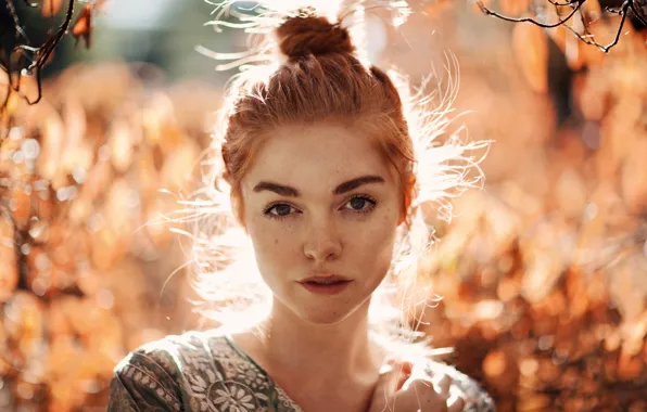 Autumn, look, the sun, trees, background, model, portrait, makeup