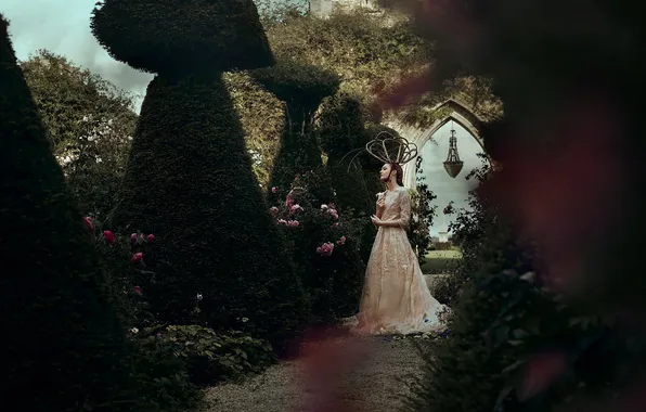 Summer, girl, flowers, style, Park, castle, roses, garden