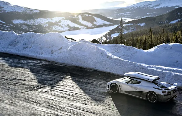 Picture road, white, snow, mountains, Koenigsegg, Top Gear, supercar, the best TV show