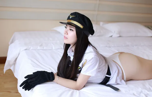 Asian, Model, Bed, pretty, Woman, Pilot, Cap