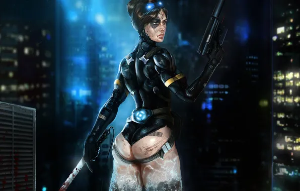 Ass, girl, gun, sword, costume, cyborg, muffler, cyberpunk