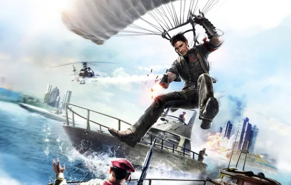 Picture jump, boat, helicopter, male, helicopter, Parachute, Rico Rodriguez, Just Cause 2