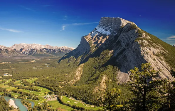 The sky, clouds, mountains, river, the moon, shadow, valley, Canada