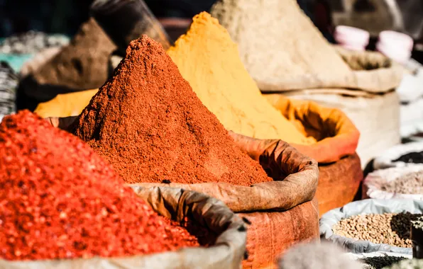 Bags, spices, seasoning, red pepper, saffron