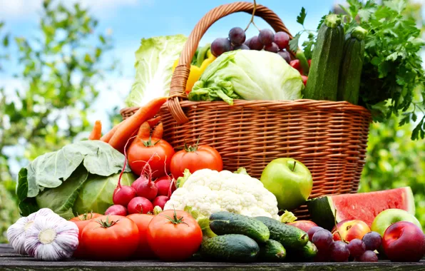 Basket, watermelon, grapes, vegetables, tomatoes, peach, cabbage, grape