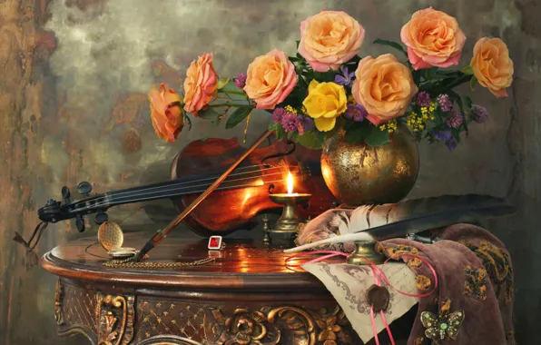 Pen, violin, watch, roses, candle, bouquet, clover, ring