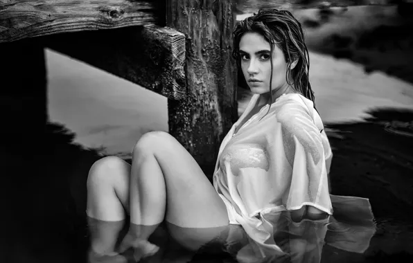 Look, water, girl, pose, feet, wet, black and white, monochrome