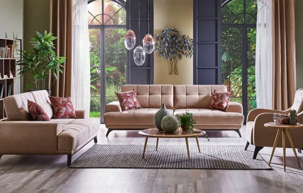 Design, style, room, Villa, interior, plants, luxury living room, luxury upholstered furniture