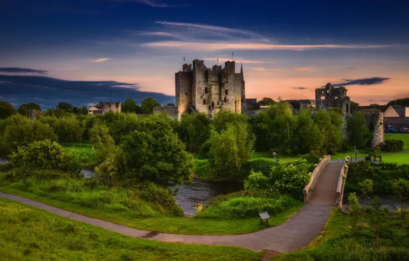 Greens, the sky, grass, trees, sunset, bridge, castle, the evening