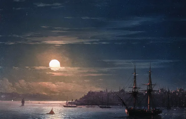 Sea, Night, The moon, Picture, Ships, Ivan Aivazovsky, View of Constantinople on a moonlit night, …