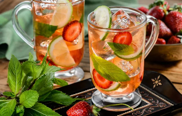 Ice, strawberry, cocktail, lime, drink, fruit, mint