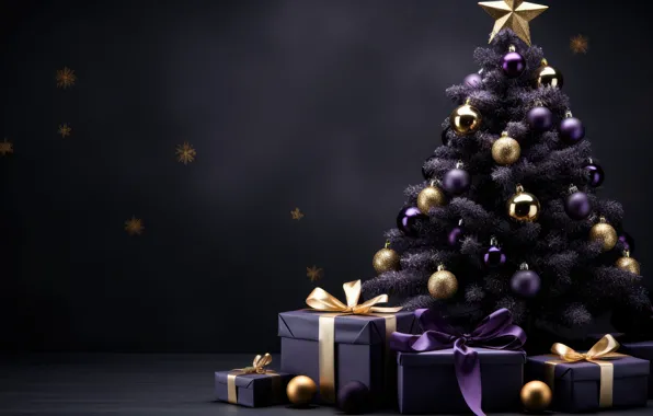 Balls, the dark background, Christmas, purple, gifts, New year, tree, bows