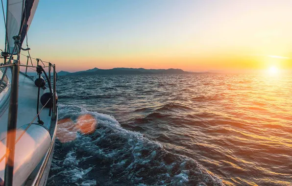 Wave, the sun, the way, movement, the ocean, the wind, coast, boat