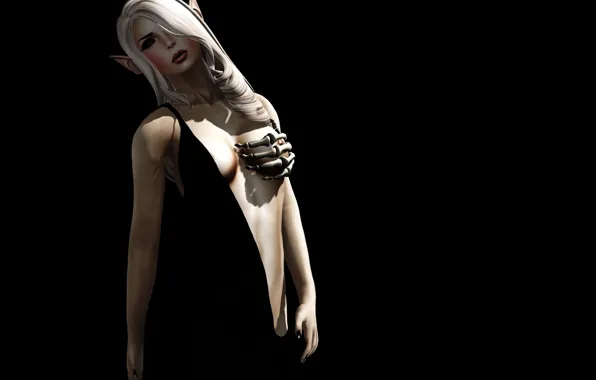 Chest, girl, the dark background, hand, bones, skeleton, elf, ears