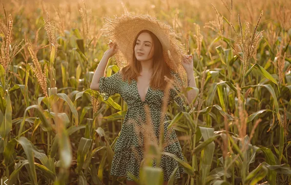 Field, summer, girl, pose, hat, corn, dress, cornfield