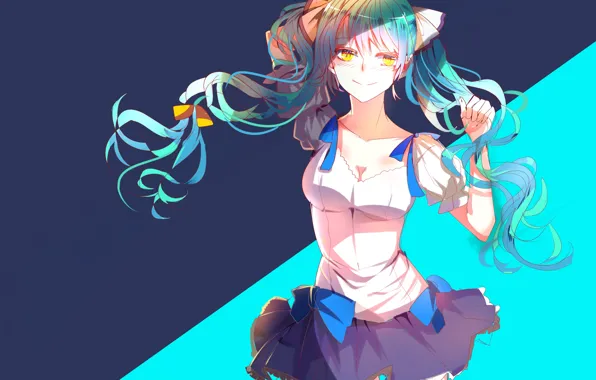 Smile, stockings, blue eyes, vocaloid, bow, Hatsune Miku, long hair, blue background