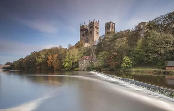 Autumn, forest, the sky, clouds, trees, house, castle, rocks