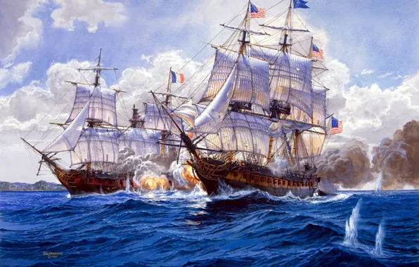 Picture explosions, ships, bursts, battle, art, artist, Navy, sea