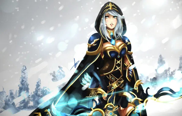 Picture winter, girl, snow, bow, hood, arrows, league of legends, ashe