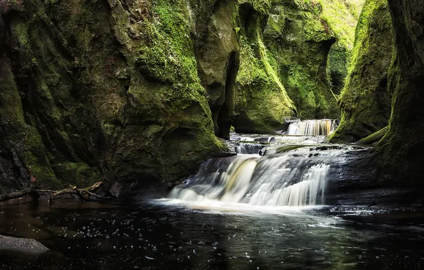 Stream, rocks, waterfall, moss, Scotland, gorge, Finnich