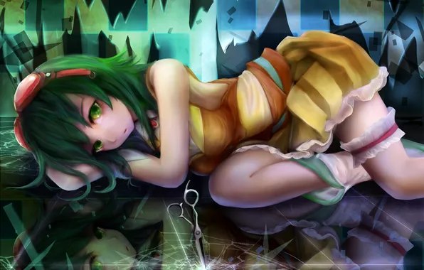 Girl, cracked, glasses, vocaloid, green hair, scissors, lying, gumi