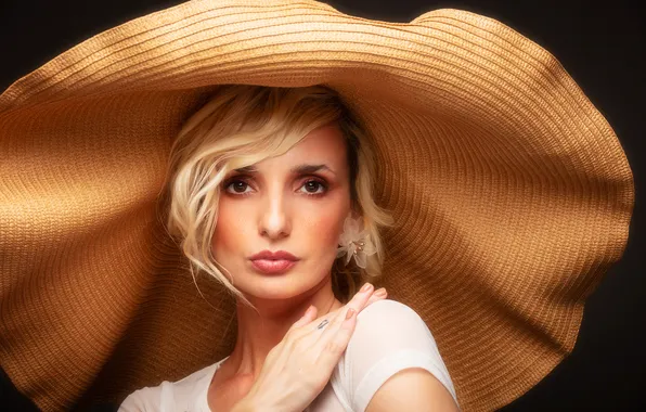Look, girl, face, hand, portrait, hat, blonde