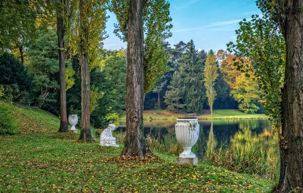 Picture autumn, grass, leaves, trees, pond, Park, Germany, sculpture