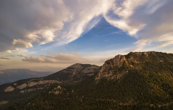 Forest, clouds, mountains, blue, the slopes, tops, height, haze