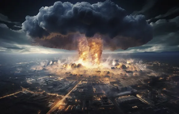 The city, Mushroom, The explosion, Digital art, A nuclear explosion, Destruction, AI art, Nuclear weapon