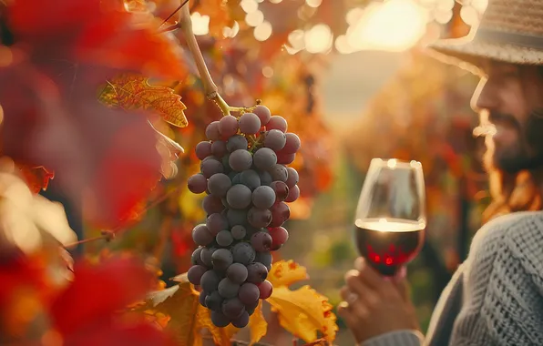 Leaves, the sun, light, blue, wine, glass, grapes, vineyard
