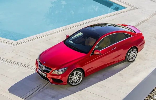 Mercedes-Benz, Red, Mercedes, The hood, Shadow, E-class, Coupe, The view from the top