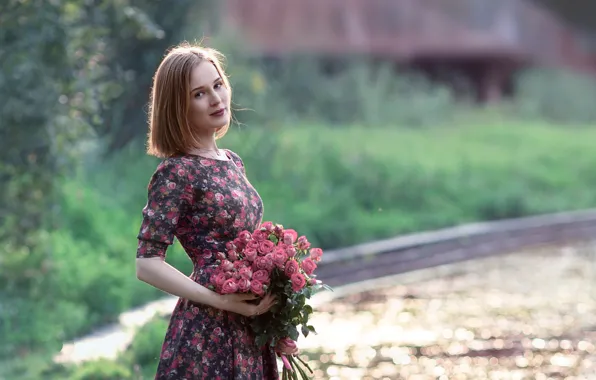 Picture summer, look, girl, flowers, nature, pose, bouquet, dress