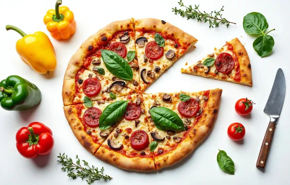 Knife, pepper, pizza, tomatoes, piece