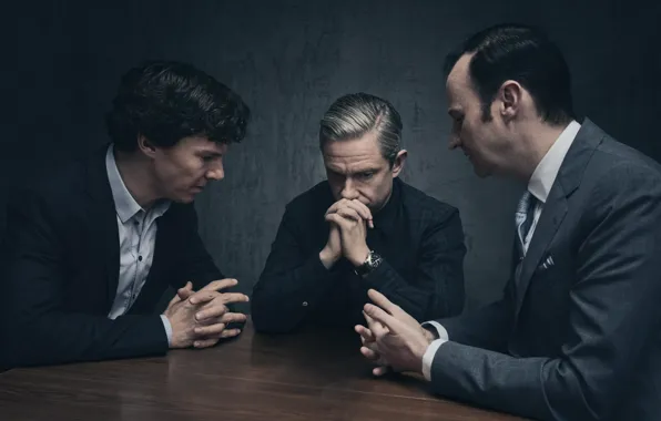 Table, trio, Sherlock Holmes, sitting, Martin Freeman, Benedict Cumberbatch, Sherlock, Mark Gatiss