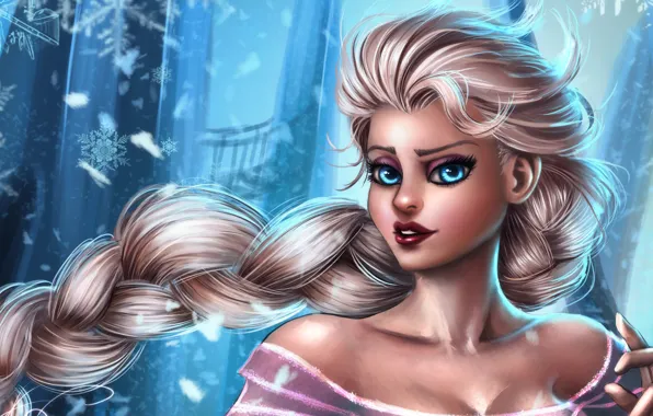 Picture look, snowflakes, hair, cartoon, Frozen, Walt Disney, Disney, Snow Queen Elsa