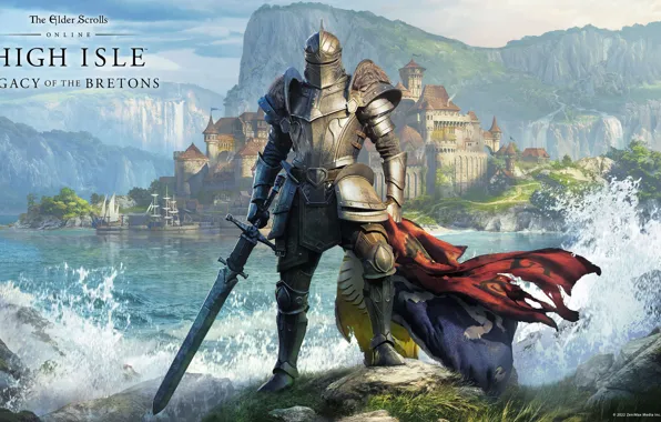 Sea, The city, Island, Sword, Flags, Knight, The Elder Scrolls, The Elder Scrolls Online