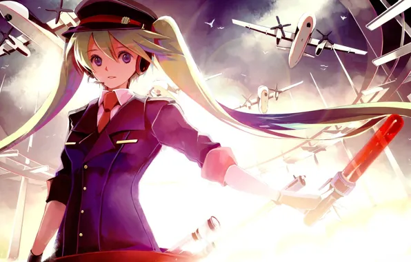 The sky, aircraft, vocaloid, hatsune miku, rod, cap, uniform