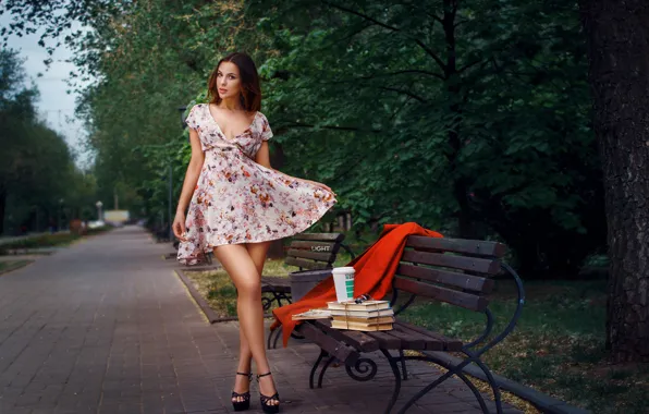 Girl, bench, pose, Park, books, dress, legs, Alexander Drobkov-Light