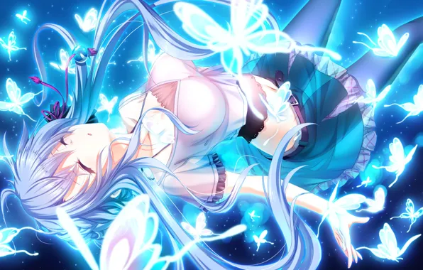 Picture girl, butterfly, night, the game, sleep, art, girl, anime