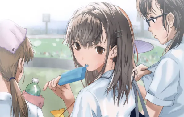 Heat, ice cream, Schoolgirls, three, art, stadium, haruaki fuyuno