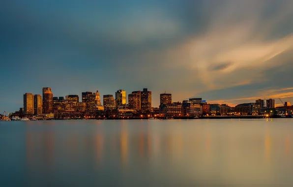 The sky, the city, lights, the ocean, panorama, Boston, Boston skyline