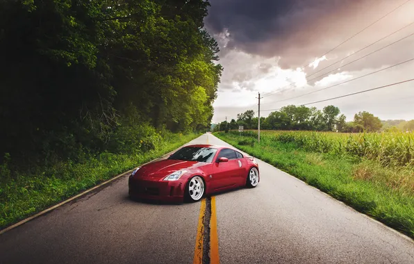 Road, red, red, Nissan, Nissan, 350Z, stance