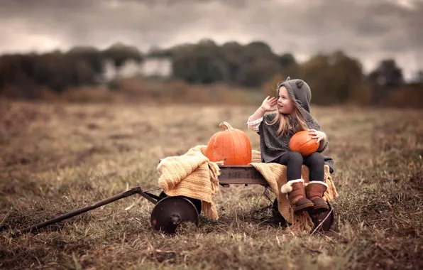 Picture field, girl, pumpkin, truck