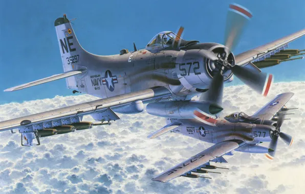 War, art, airplane, painting, aviation, Douglas A-1 Skyraider
