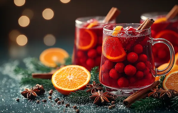 Glass, branches, red, lights, berries, tea, oranges, glasses