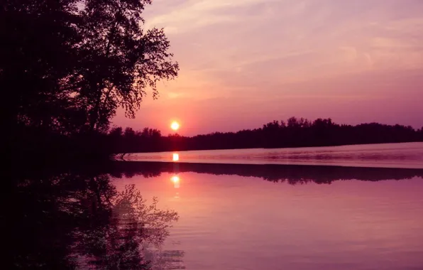 Picture forest, sunset, nature, river, sunset in september with reflection