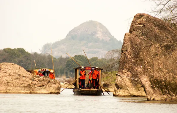 Water, mountains, red, stones, background, Wallpaper, boat, China