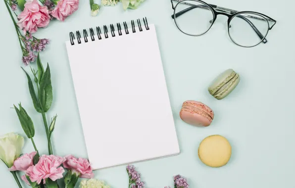 Flowers, coffee, glasses, Notepad, macaron
